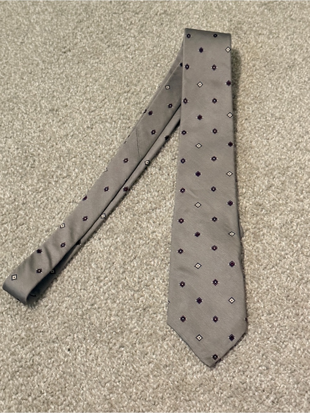 Vintage Yves Saint Laurent Silk Necktie Gray Maroon Geometric Square Motif YSL